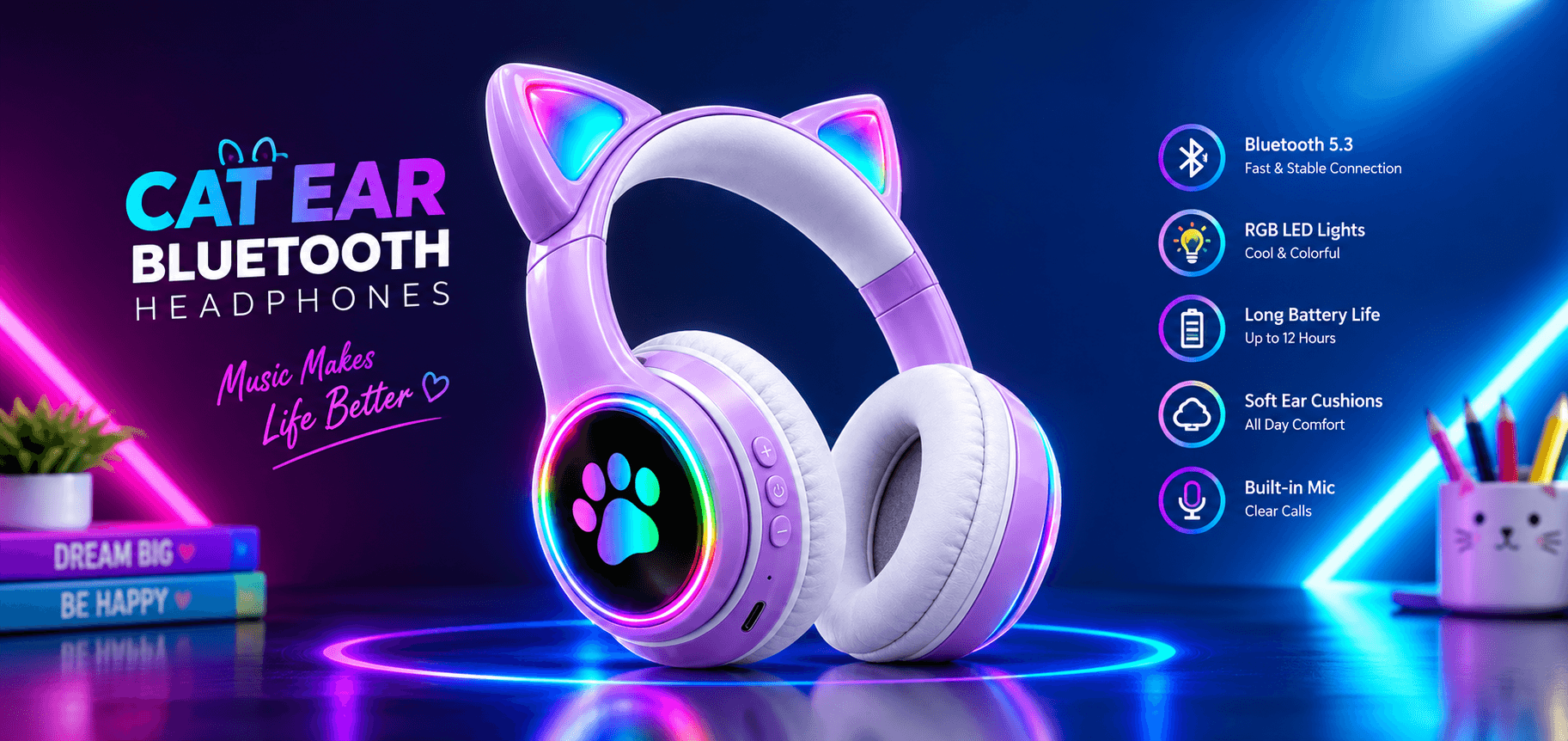 Cat Ear Bluetooth Headphones — RGB lights, 12-hour battery, built-in mic