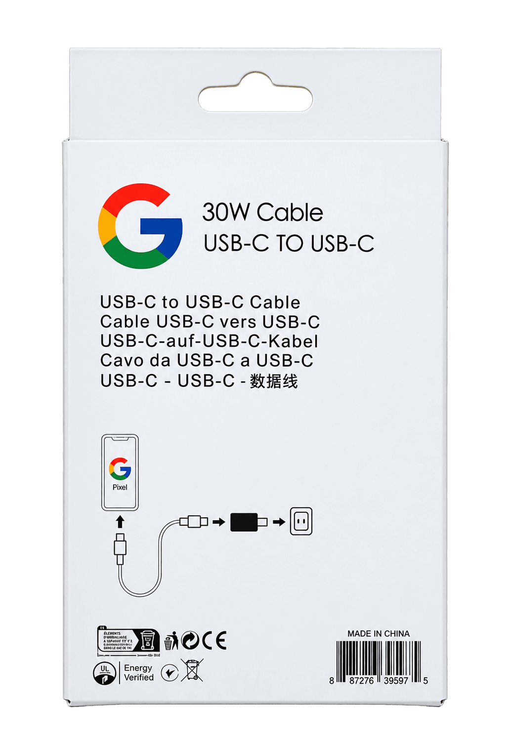 Google Pixel original USB-C cable, 5A fast charging, 1 meter — retail box back with specs