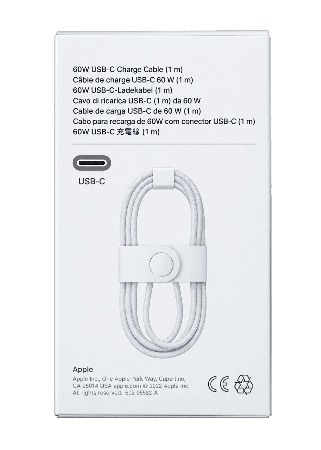 iPhone USB-C to USB-C 60W fast charging cable — retail box back with specs