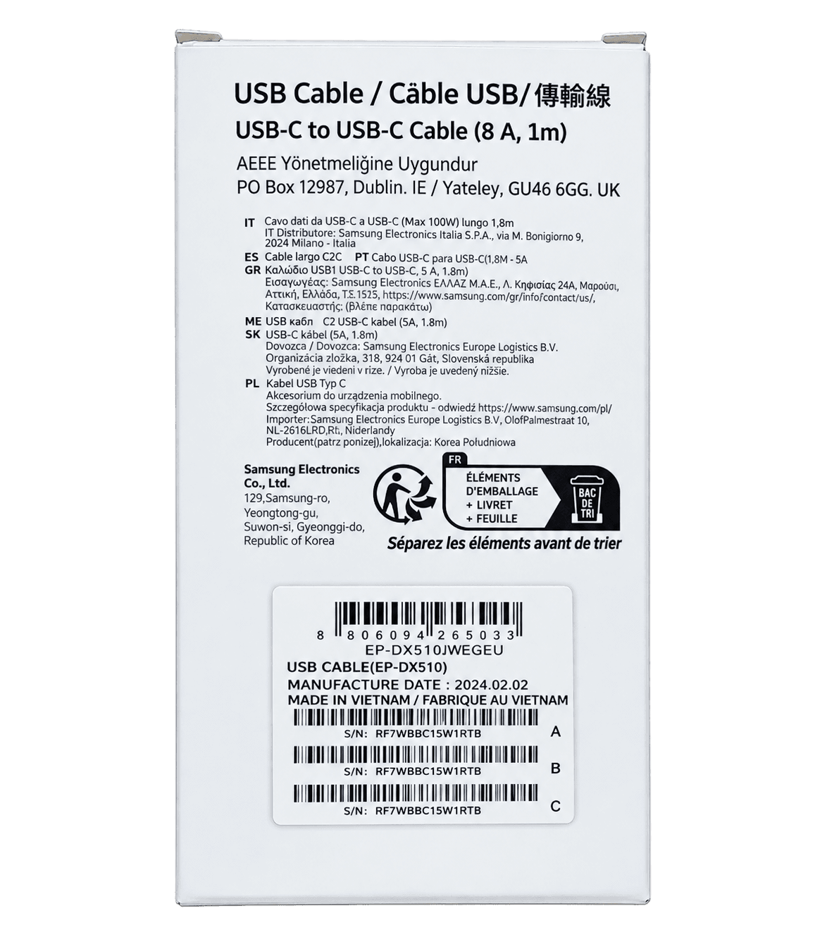 Samsung original USB-C to USB-C cable, 1 meter — retail box back with specs
