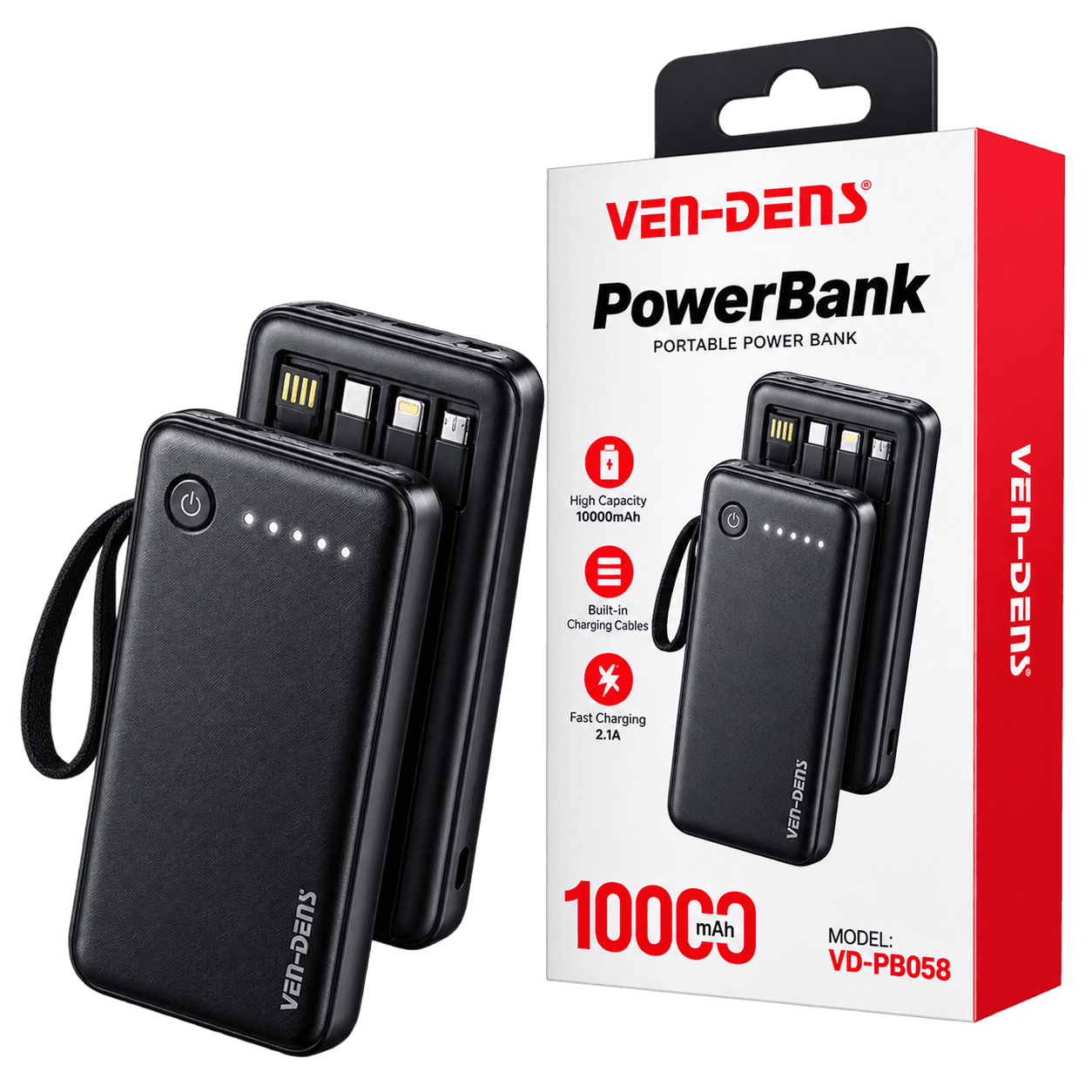 Ven-Dens 10,000mAh Power Bank — Built-In Cables (VD-PB058) — image 2