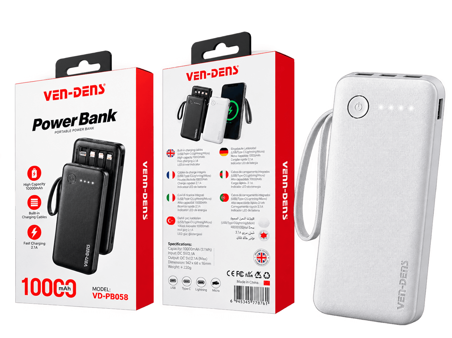 Ven-Dens 10,000mAh Power Bank — Built-In Cables (VD-PB058) — image 3